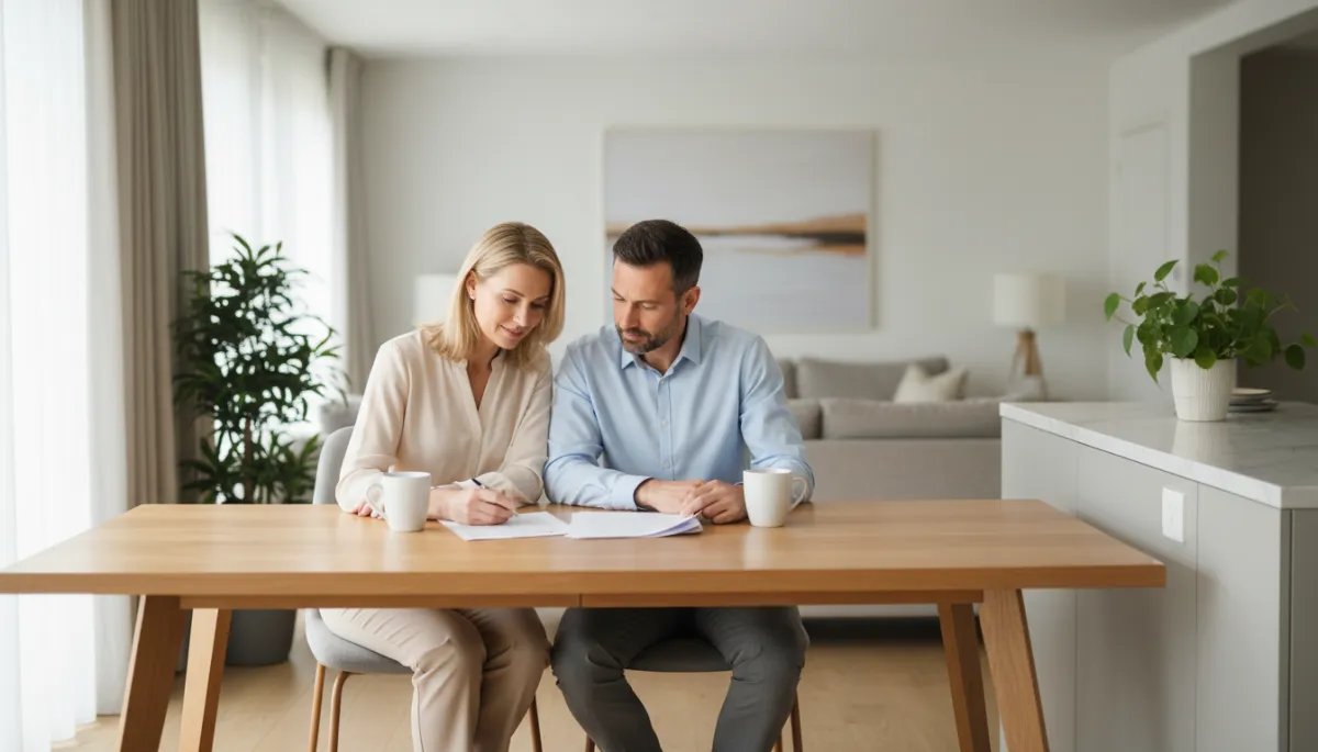Couple talking calmly at a kitchen table with coffee and paperwork Couple talking calmly at a kitchen table with coffee and paperwork