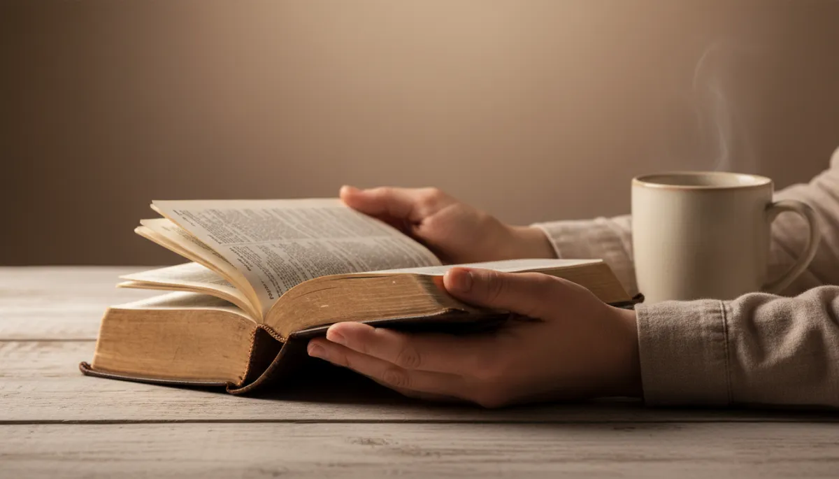 Hands holding an open Bible in a quiet, peaceful setting