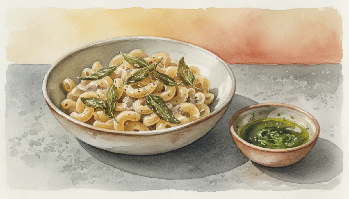 Simple pasta with crispy sage and a side of basil oil Simple pasta with crispy sage and a side of basil oil