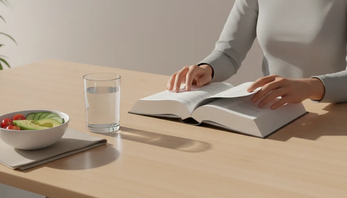 Bible open on a table beside simple healthy food