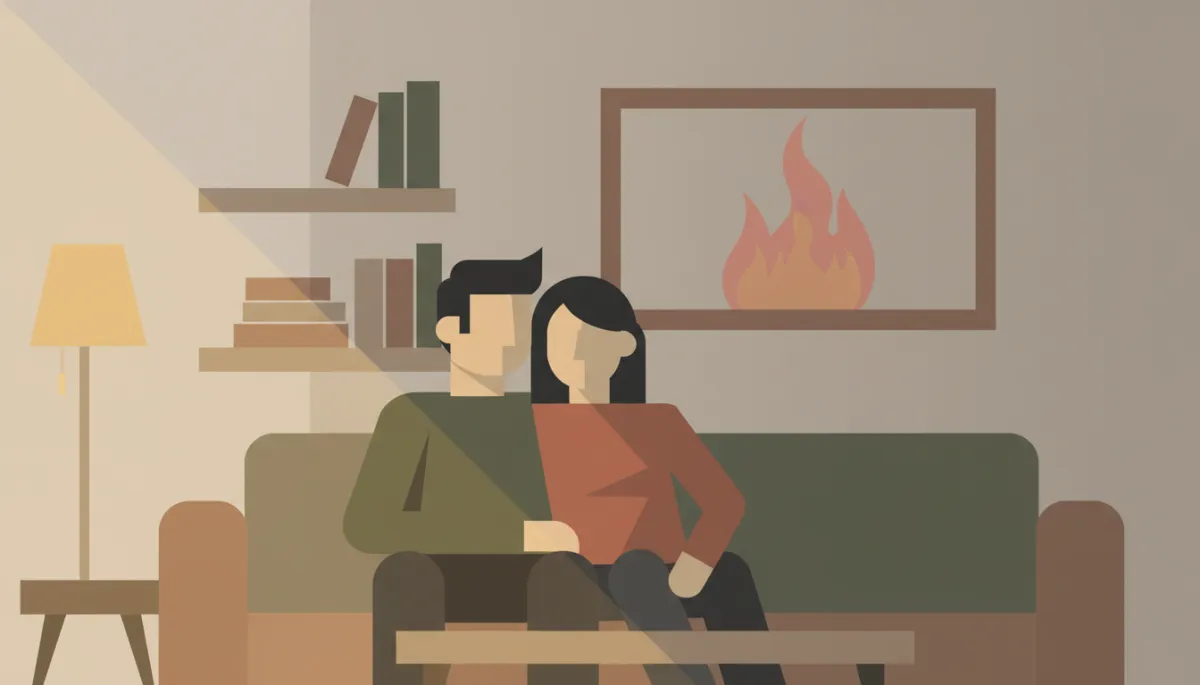 Married couple sitting apart on a couch, tension visible, symbolizing quiet relational damage