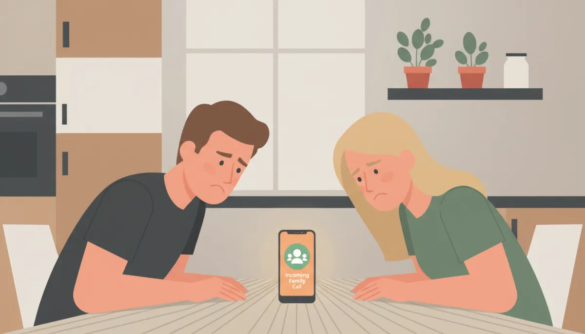 Couple discussing boundaries while a phone call from family comes in