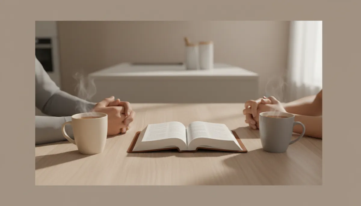 Couple holding hands near an open Bible as they reconcile