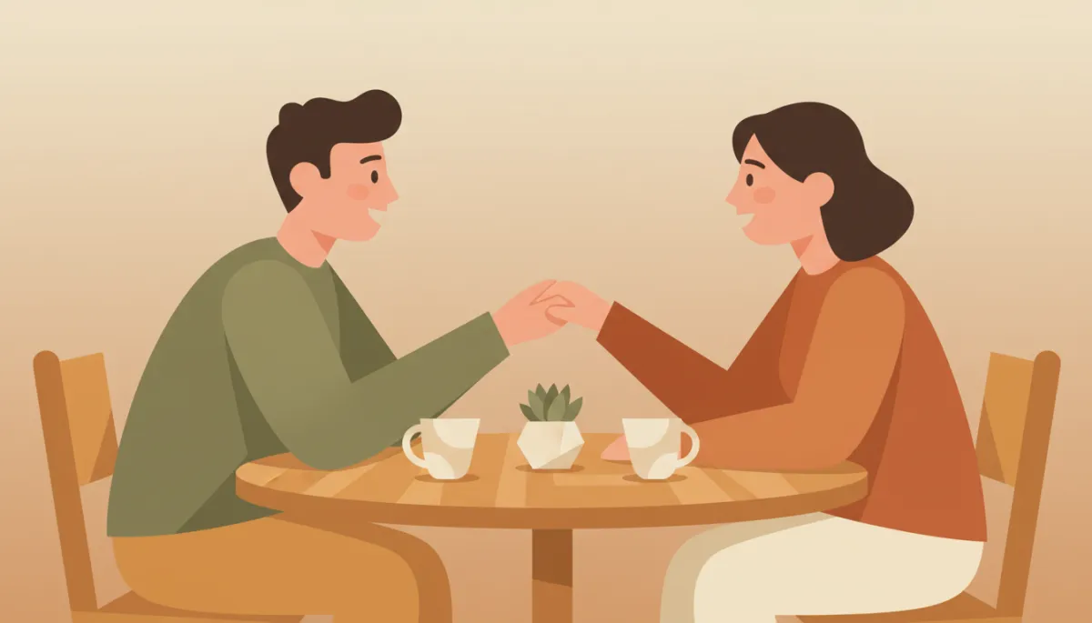 Couple sitting at a kitchen table, one partner gently holding the other's hand Couple sitting at a kitchen table, one partner gently holding the other's hand