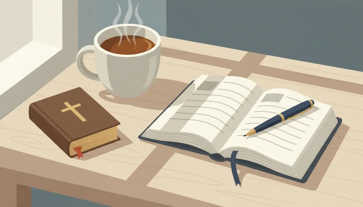 Open journal and Bible on a table beside a warm drink Open journal and Bible on a table beside a warm drink