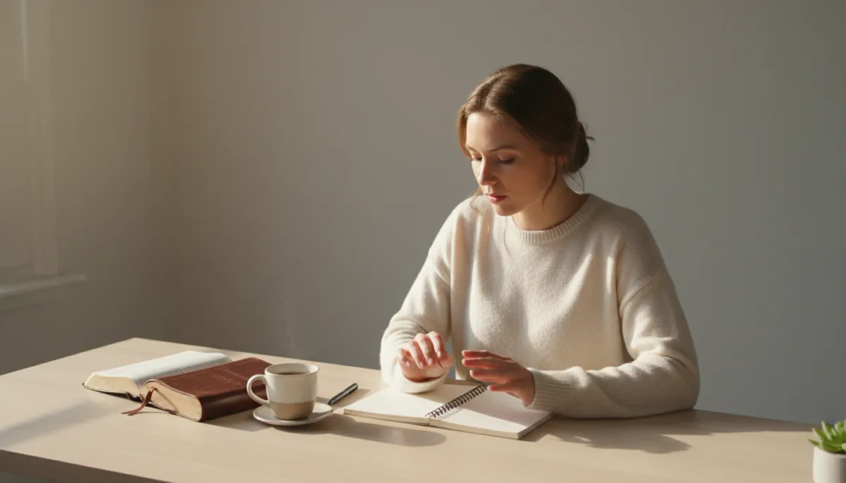 Person praying and planning with an open notebook and Bible on a desk Person praying and planning with an open notebook and Bible on a desk