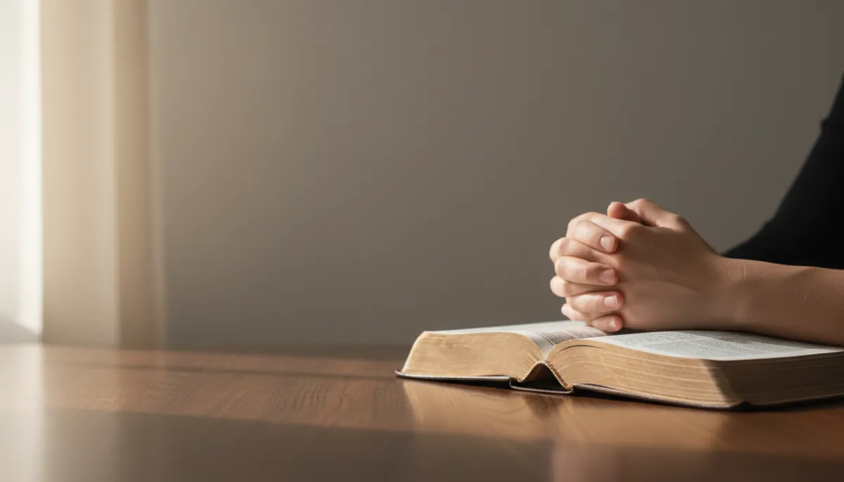 Open Bible on a table with hands resting beside it in quiet reflection Open Bible on a table with hands resting beside it in quiet reflection