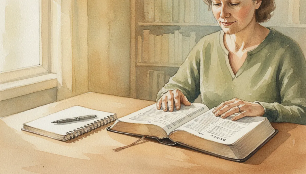 Person studying the book of Daniel with a notebook and pen Person studying the book of Daniel with a notebook and pen