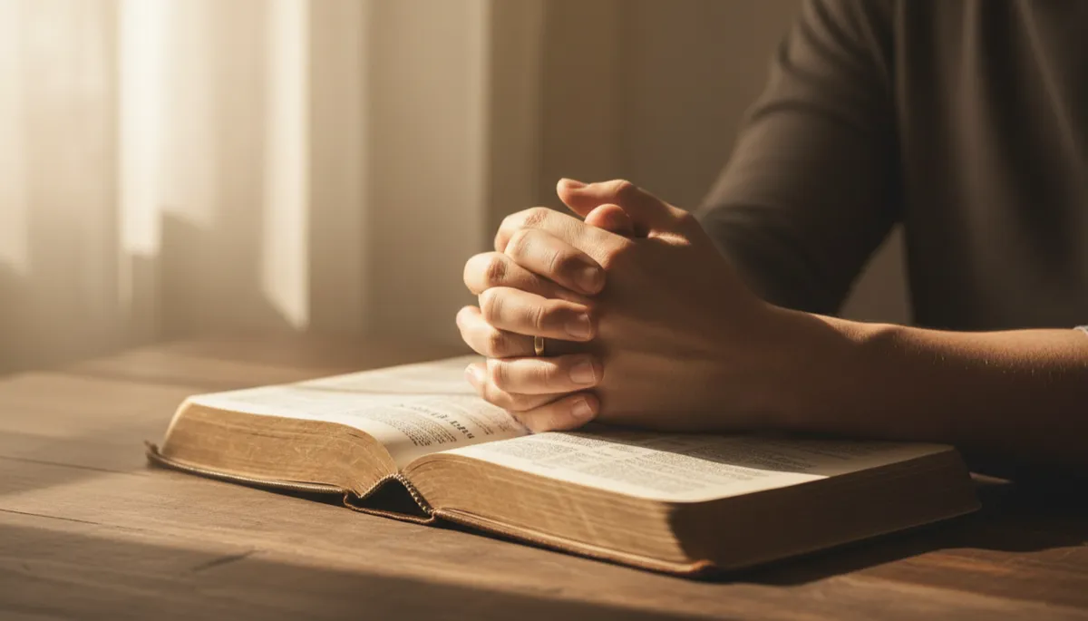 Hands praying over an open Bible turned to the book of Job Hands praying over an open Bible turned to the book of Job