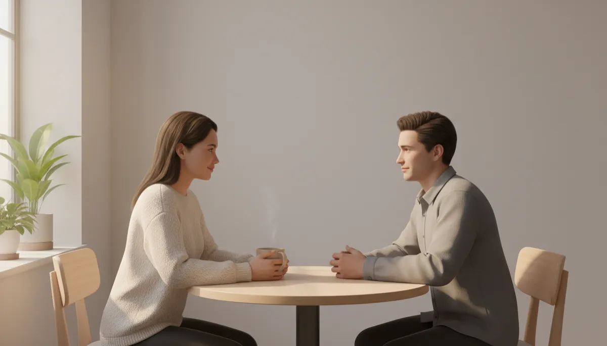Supportive conversation between two people, symbolizing compassionate listening and care Supportive conversation between two people, symbolizing compassionate listening and care