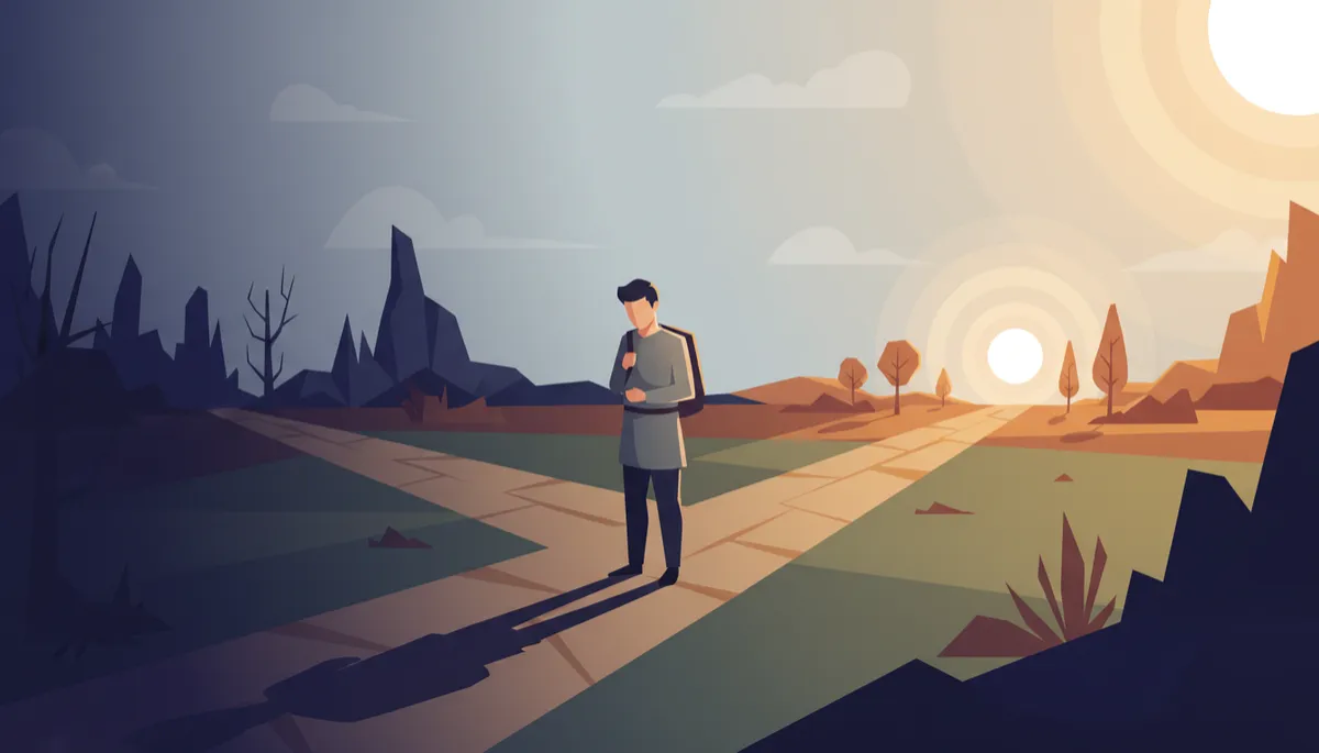 A person standing at a crossroads, choosing between darkness and light