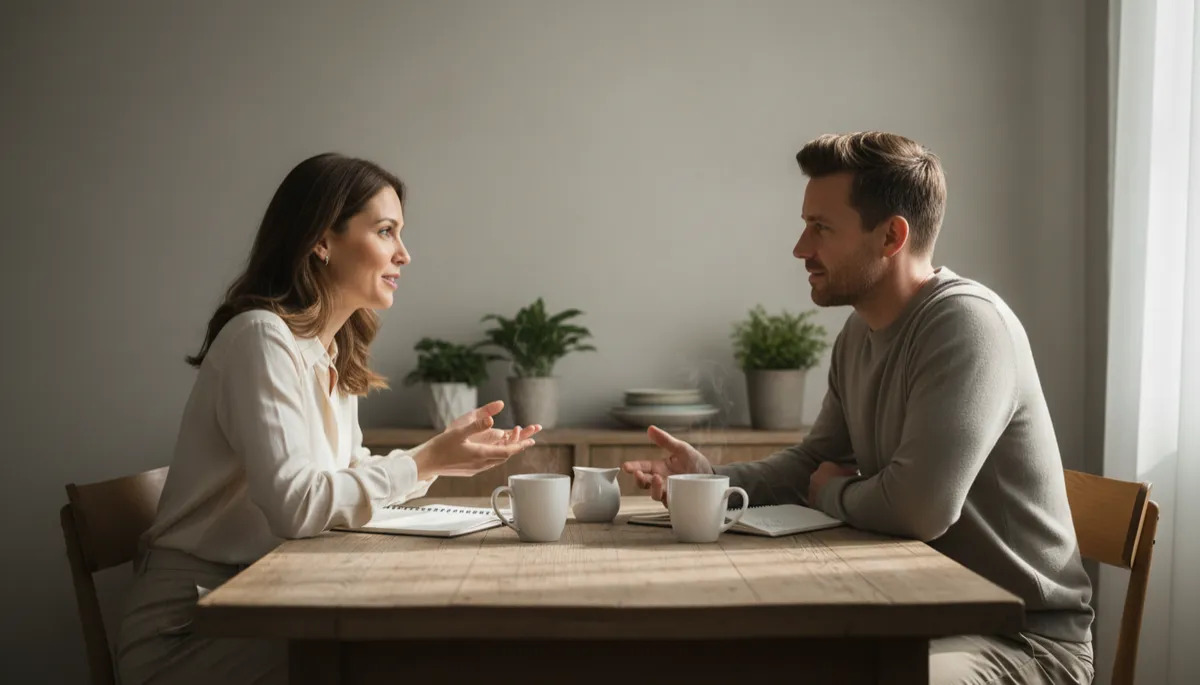 Couple sitting at a kitchen table having a calm, open conversation
