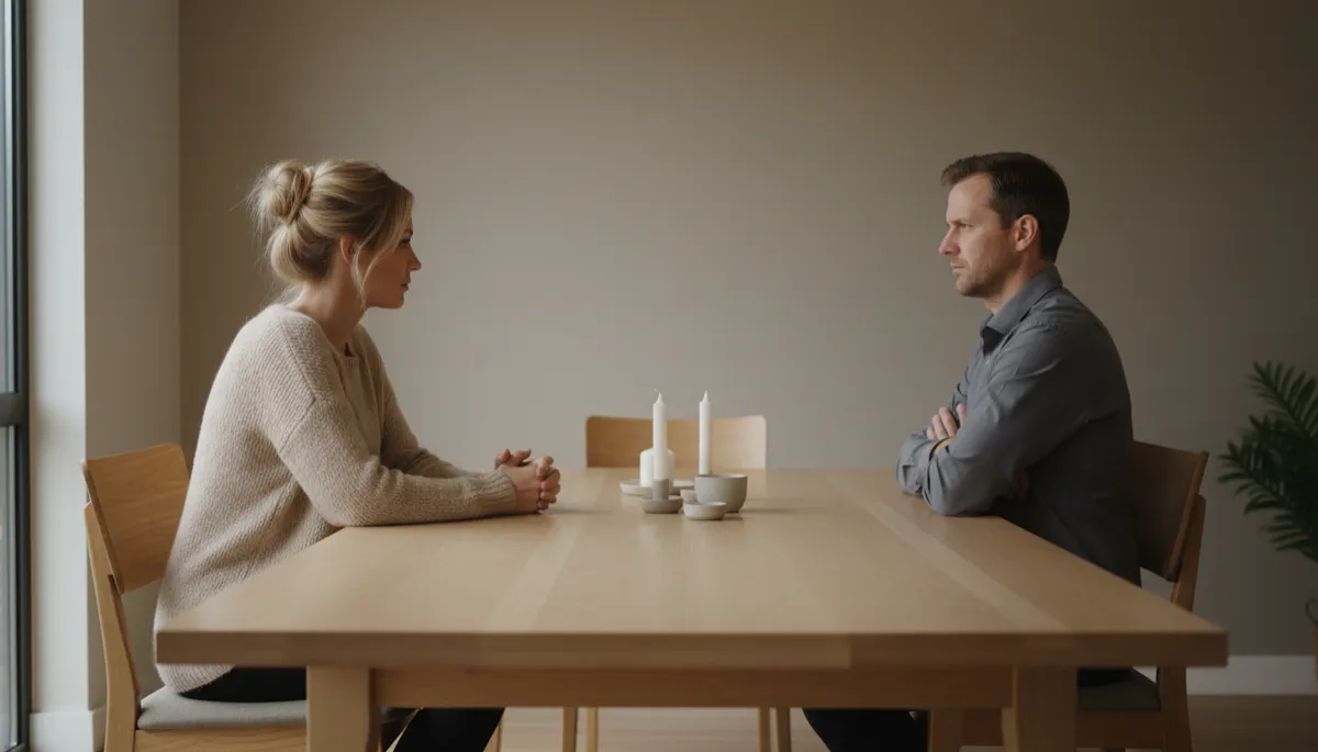 Two people sitting apart at a table, avoiding eye contact Two people sitting apart at a table, avoiding eye contact