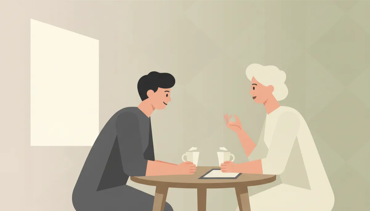 Two colleagues engaged in a calm, thoughtful one-on-one conversation