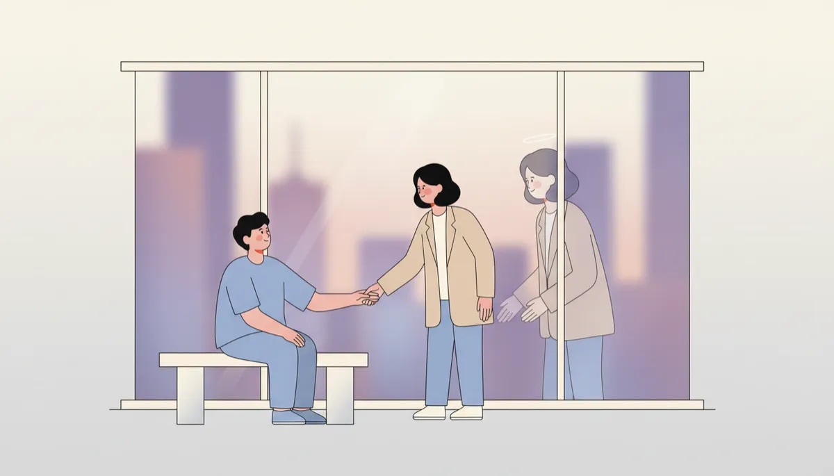 Person helping another while subtly focused on their own reflection