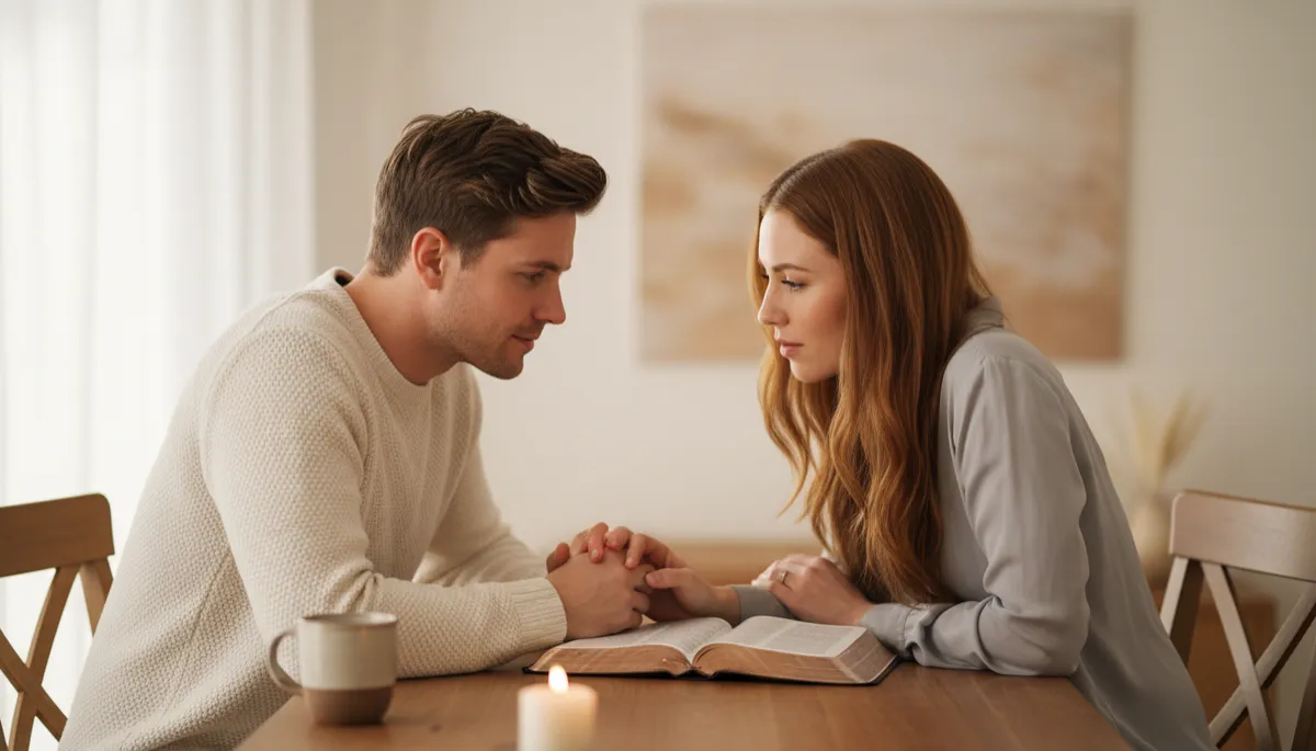 Couple talking with an open Bible between them Couple talking with an open Bible between them