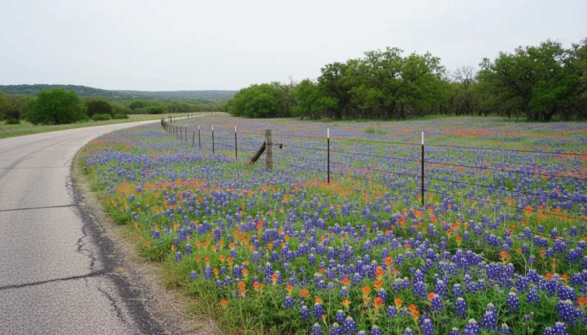 Photorealistic wildflower field of bluebonnets and Indian paintbrush along a Fort Hood perimeter road