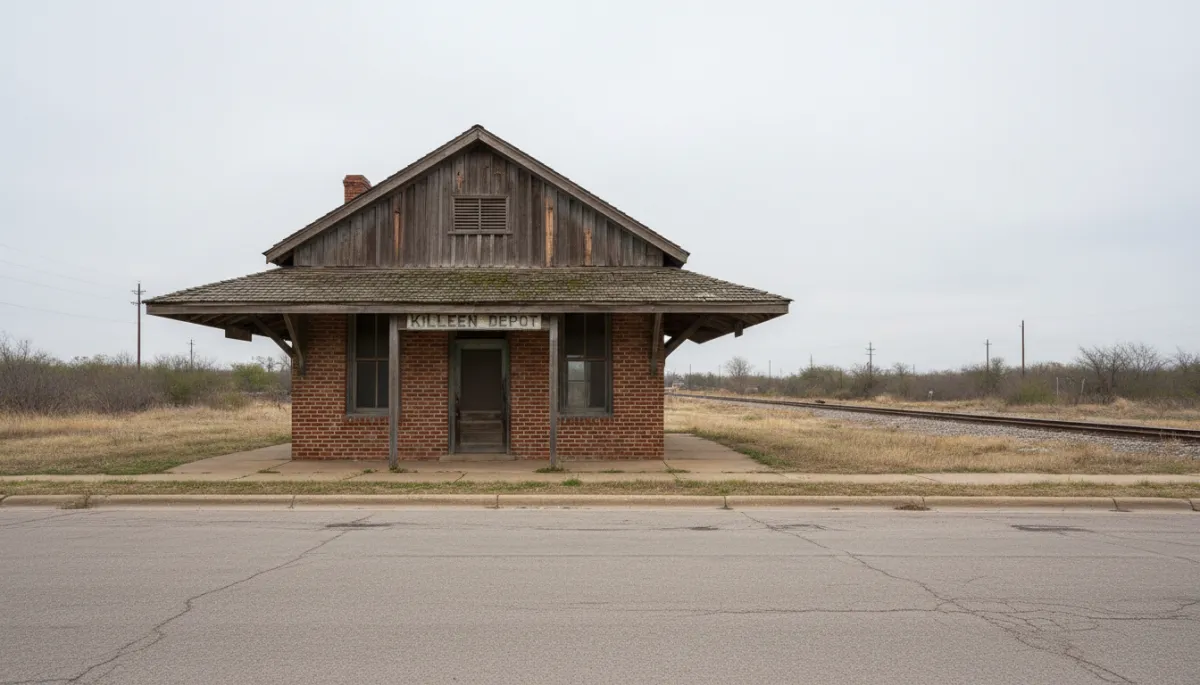 Photorealistic view of the historic Killeen train depot on a quiet street