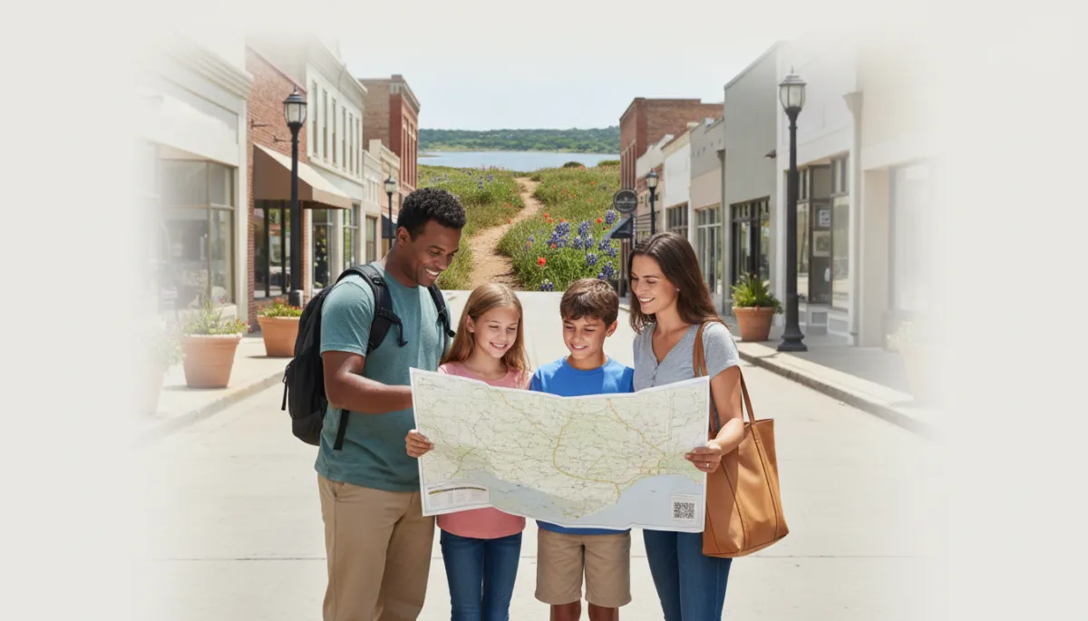 Photorealistic scene of a family exploring Killeen with map, trails, lake, and wildflowers hinted in background