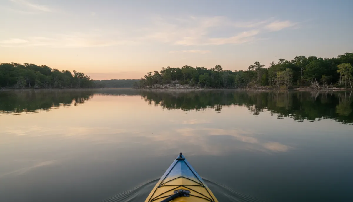 Photorealistic view from a kayak entering a quiet cove at Stillhouse Hollow Lake