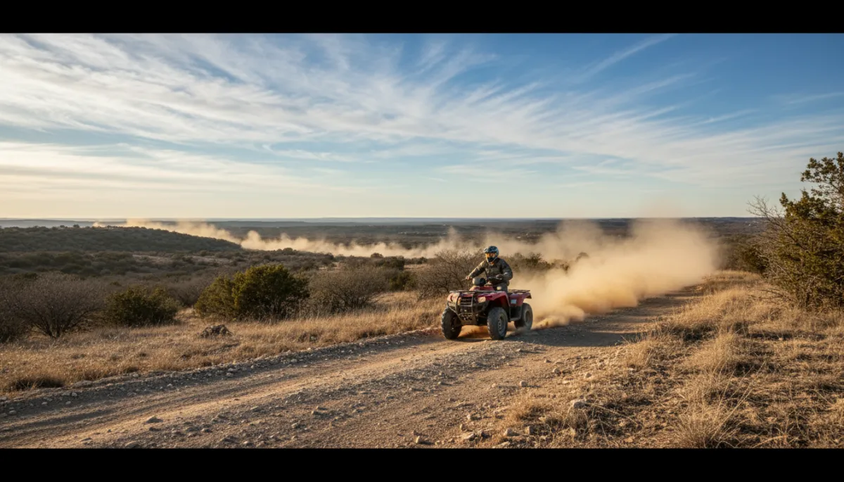 Photorealistic ATV riding on dusty off-road trail near Fort Hood recreation area
