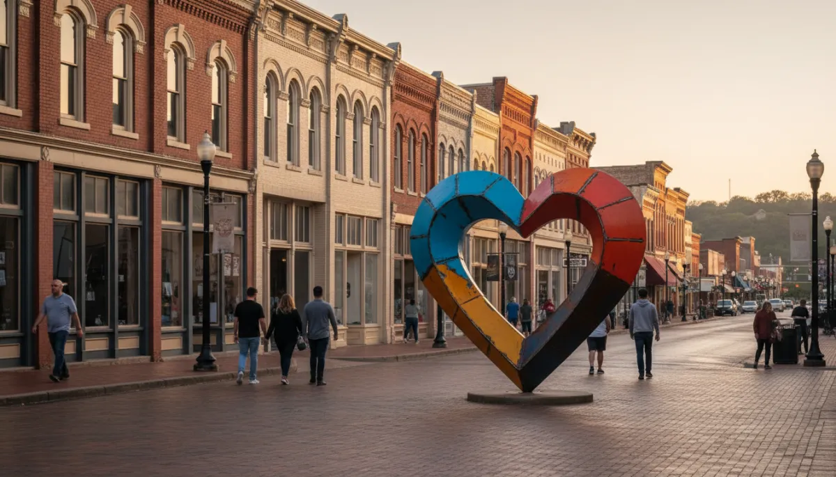 Photorealistic view of downtown Killeen with colorful heart sculpture and brick storefronts