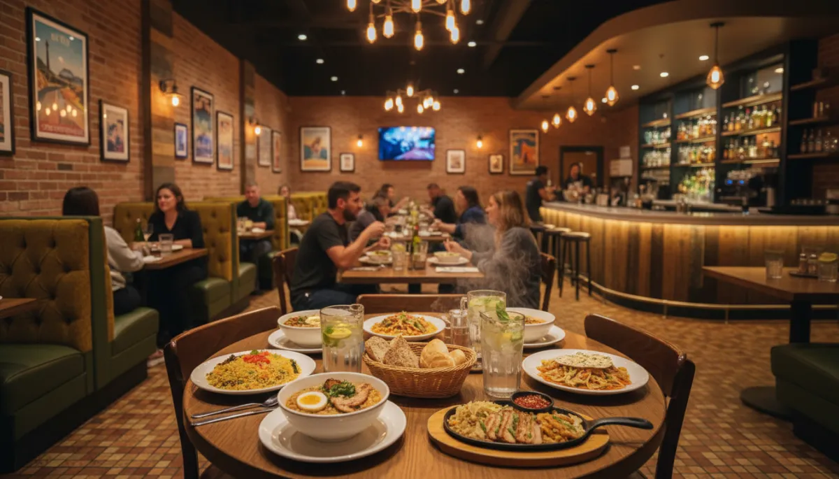 Photorealistic interior of a cozy international restaurant with colorful dishes on the table