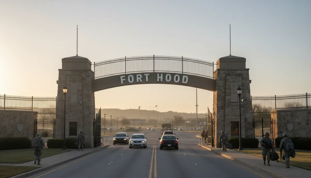 Morning traffic passing the Fort Hood main gate with the restored name