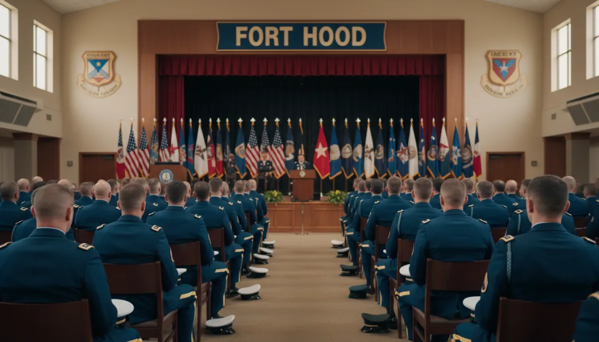 Formal renaming ceremony at the base with Fort Hood banners on stage