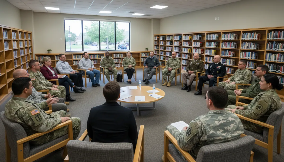 Killeen residents and soldiers in a community discussion at a local library