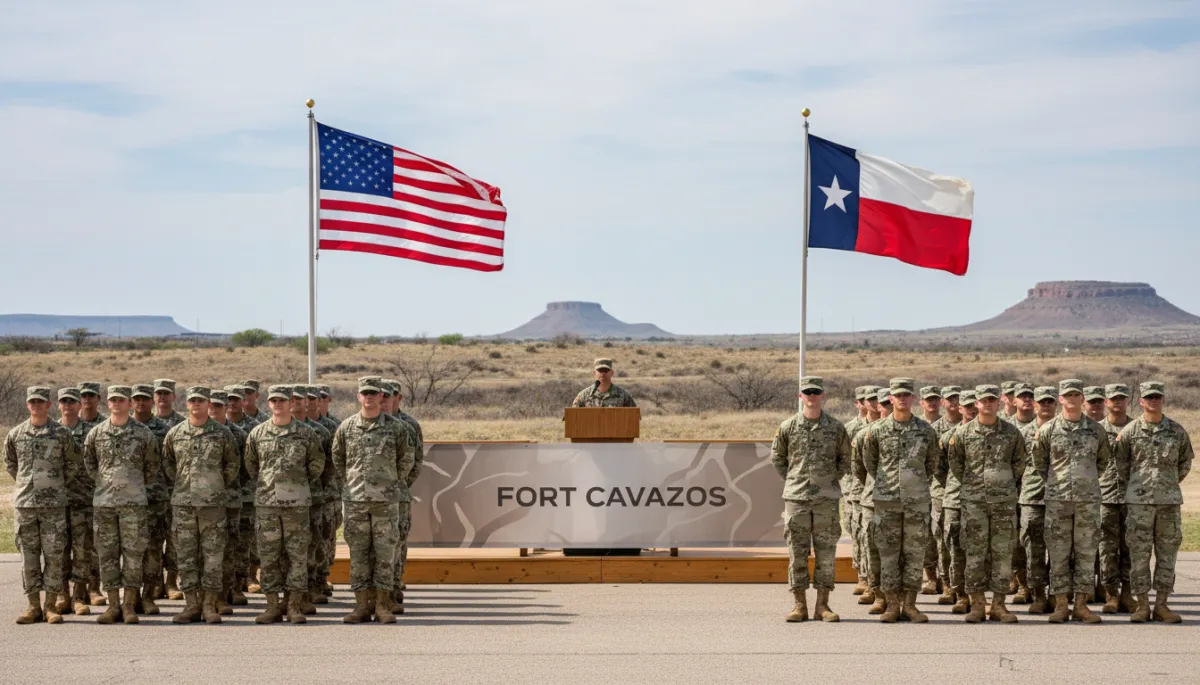 Soldiers gathered near a Fort Cavazos sign during a formal event