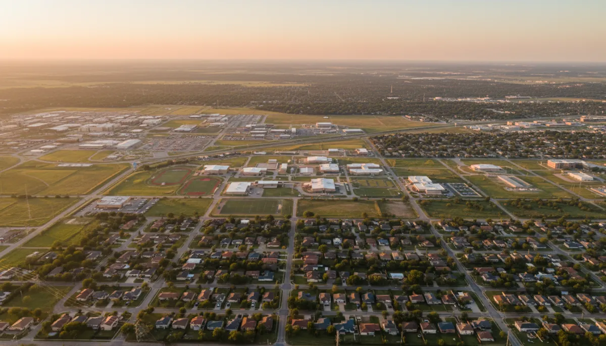 Aerial view of Killeen neighborhoods and the nearby military installation at sunset