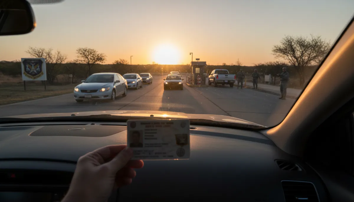 Vehicle line at a Fort Hood access gate during morning commute