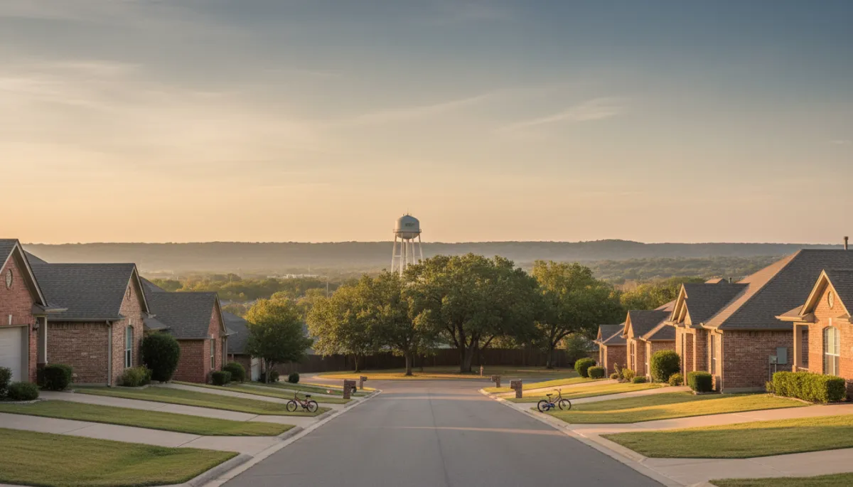 Suburban neighborhood street near Fort Hood with family homes at sunset