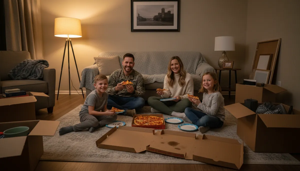 Military family relaxing together in their new Killeen home with unpacked boxes