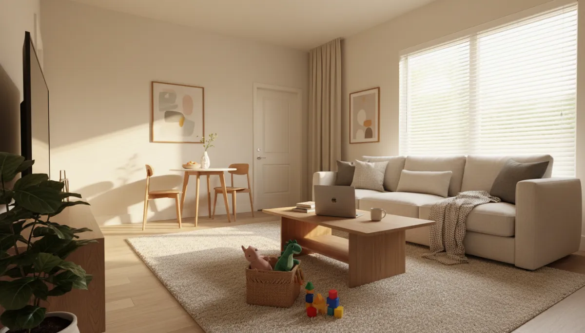 Furnished short-term rental living room set up for a PCS family