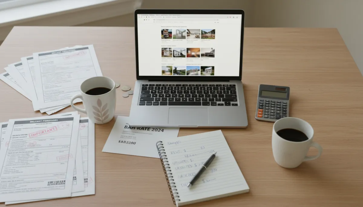 Kitchen table with BAH chart, rental listings, and family budget notes