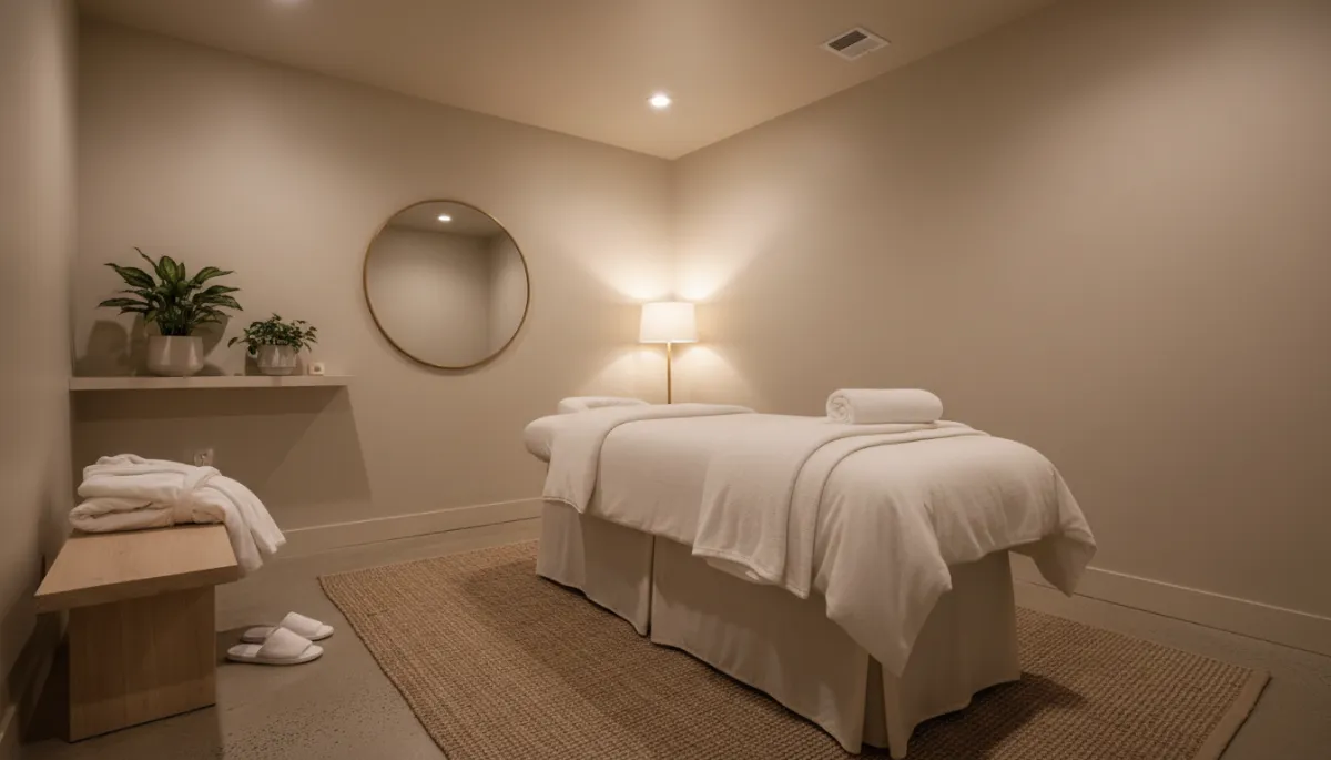 Serene spa treatment room with plush massage table and soft lighting in Killeen