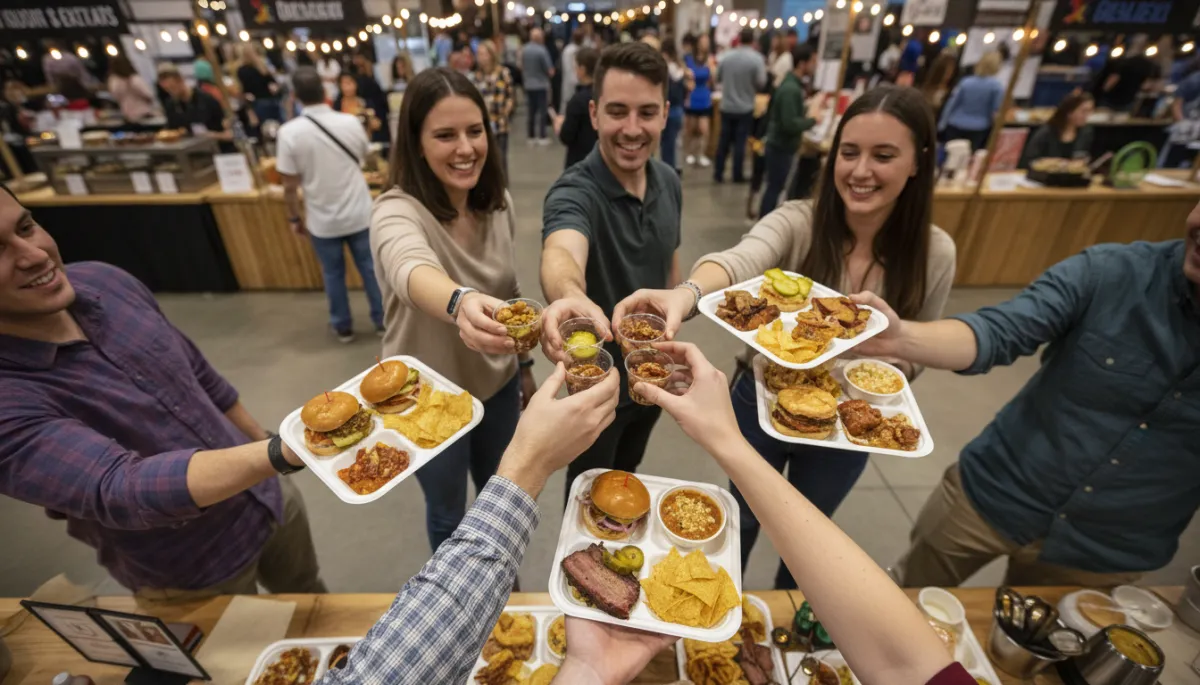 Photorealistic overhead view of friends sharing samples at a food festival