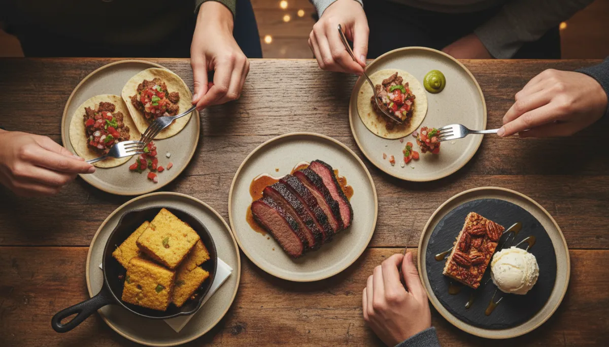 Photorealistic close-up of Central Texas food samples at a tasting event