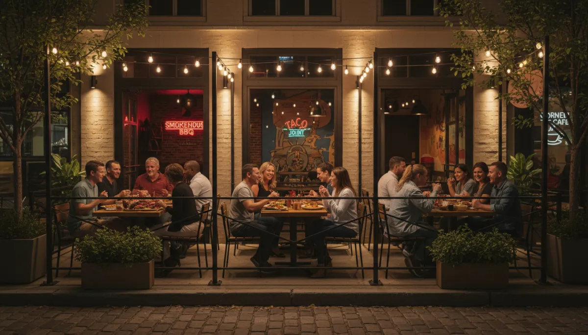 Photorealistic view of Killeen restaurants with people dining outdoors in the evening