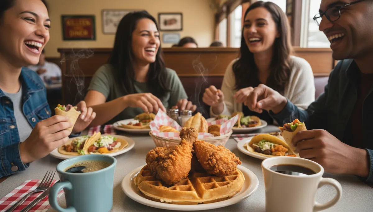 Photorealistic brunch table with waffles and coffee at a cozy Killeen restaurant