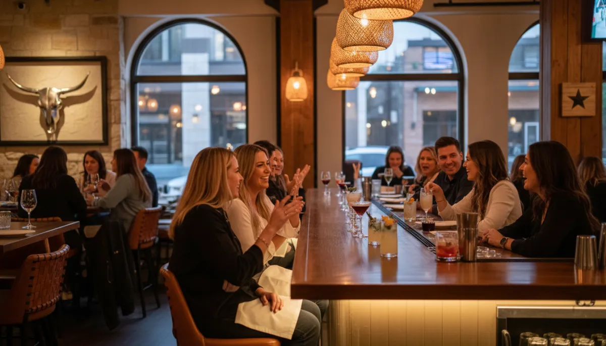 Photorealistic stylish restaurant and bar in Killeen with guests enjoying dinner