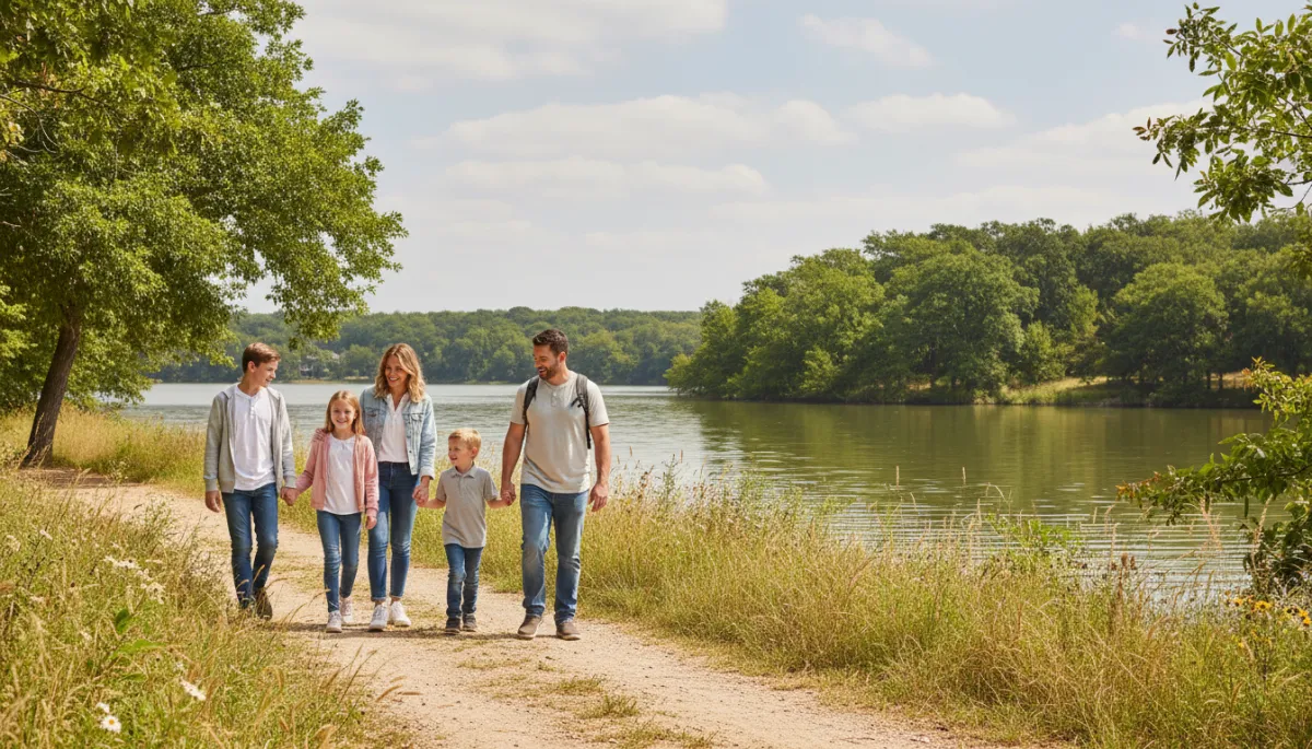 Photorealistic family walking on a lakeside trail near Killeen Texas