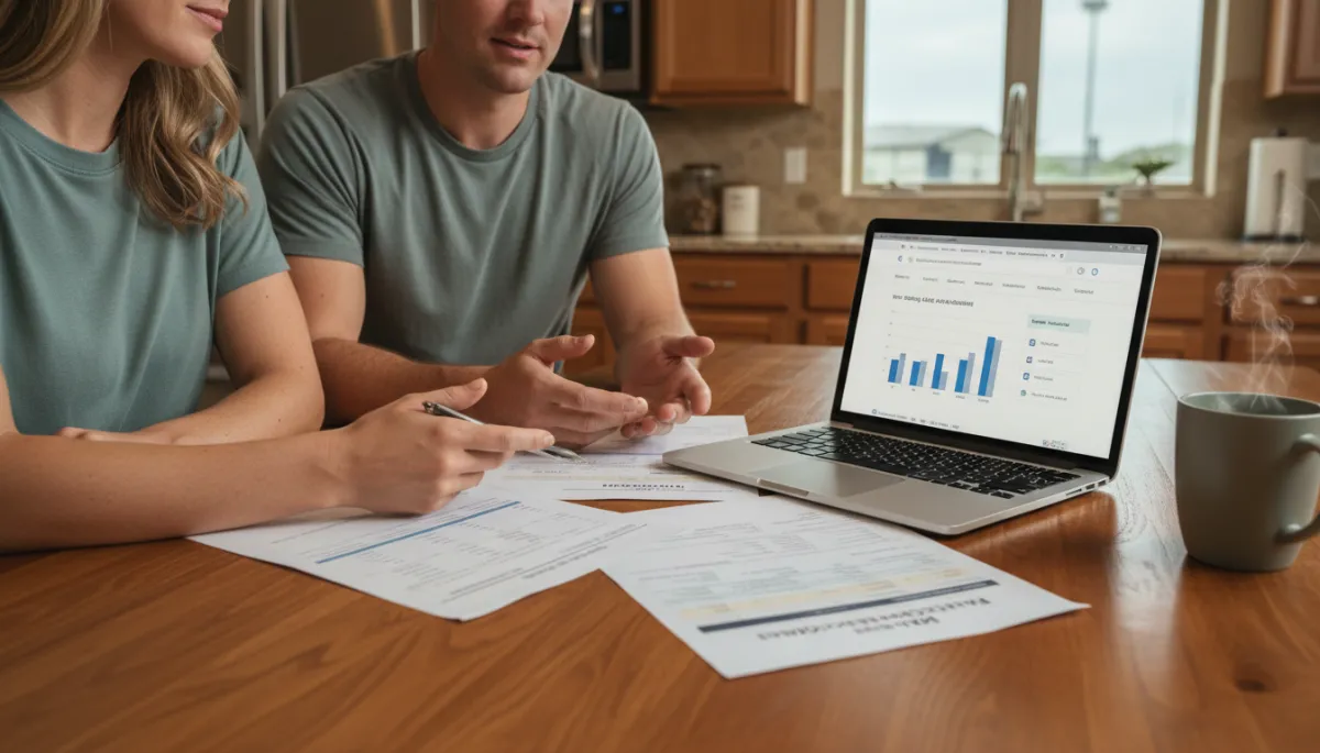 photorealistic close-up of a soldier and spouse at a kitchen table near Fort Cavazos, reviewing a printed budget and BAH statement with a laptop open to a housing calculator, neutral indoor lighting