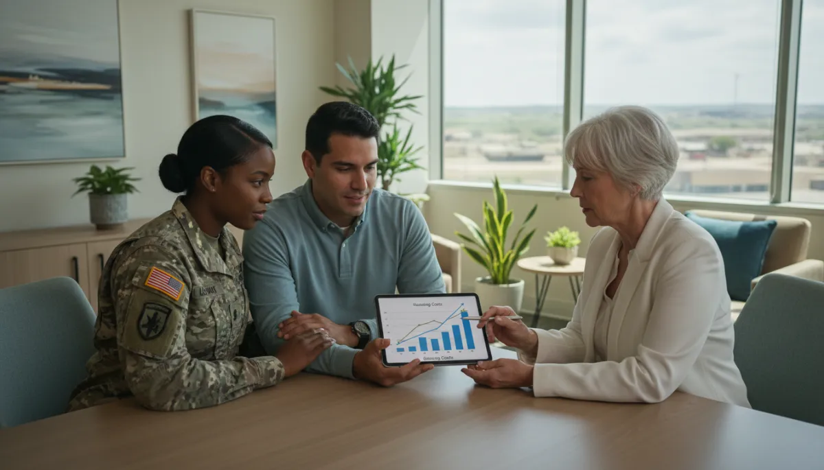 photorealistic scene of a diverse military couple sitting with a financial advisor in an office near Fort Cavazos, reviewing charts on a tablet showing housing costs and savings goals, calm neutral color palette