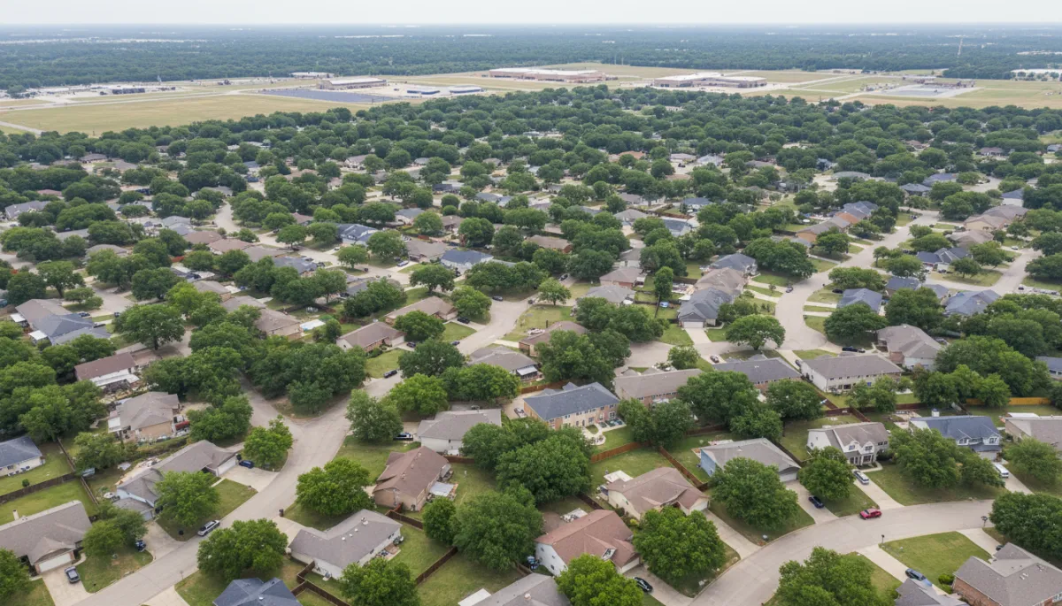 photorealistic aerial view of a quiet Killeen and Harker Heights residential neighborhood near Fort Cavazos, mix of single-family homes and townhomes, tree-lined streets, neutral daylight tones