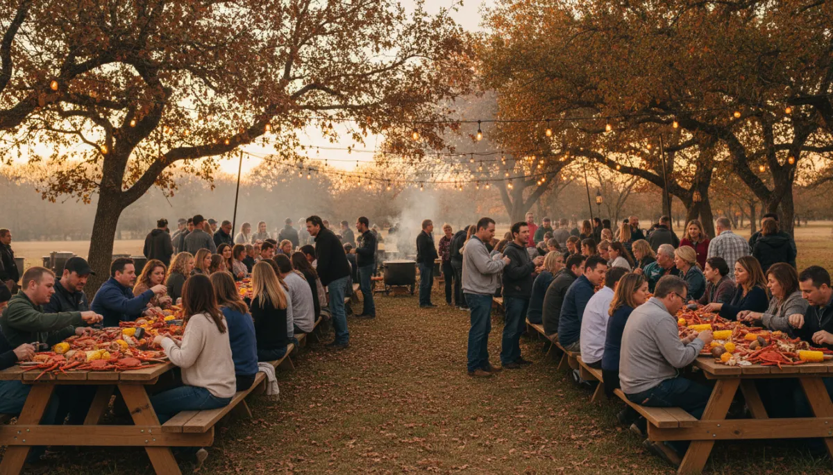 Friends and families gathered at outdoor tables enjoying a crab boil at a fall festival
