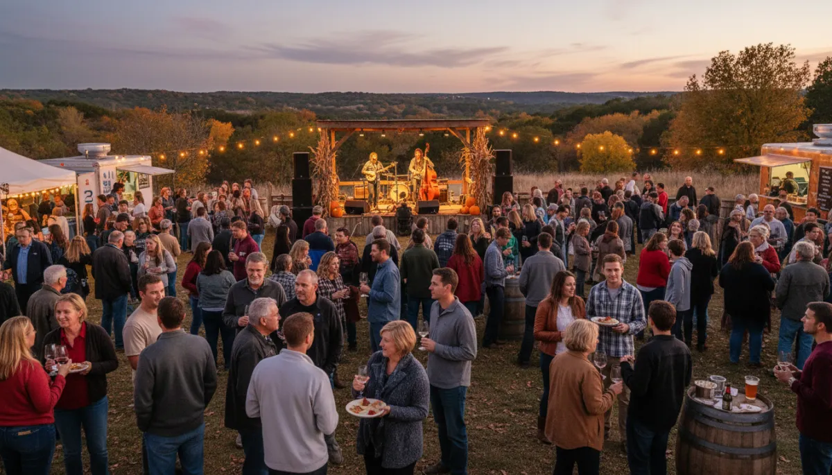 Adults enjoying wine and food tastings at an outdoor evening festival with live music