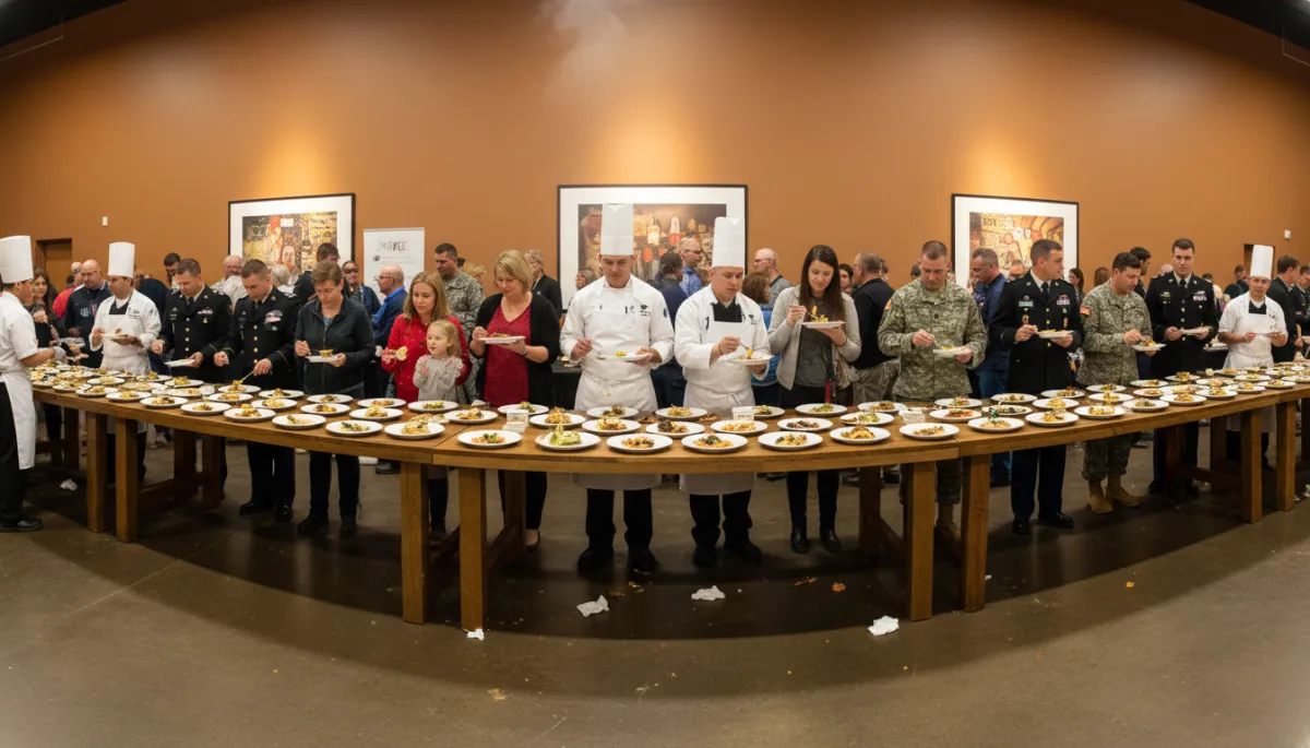 People sampling dishes from local restaurants at a bustling indoor food festival
